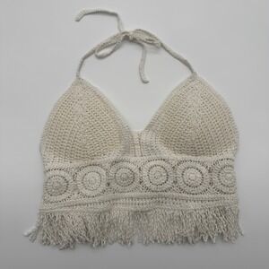 Boho Crochet Fringe Halter Top Cream Off White Festival Padded S/M
